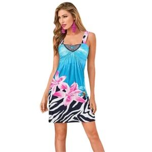 Venus Tropical Floral Zebra Print Beaded Neck Mini Dress Turquoise Blue Small